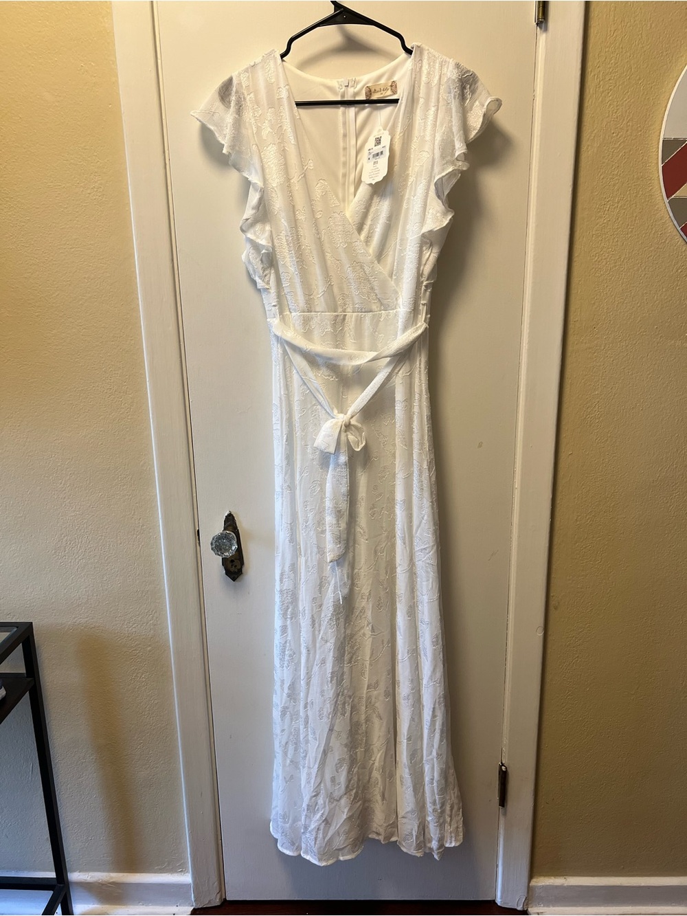 Altar'd State White Lace Wrap Maxi Dress with Flutter Sleeves
